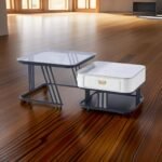 Elegant Nesting Square Glass Top Coffee Table with Marble Top Drawer Table - Image 3