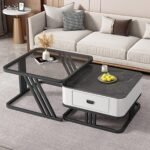Elegant Nesting Square Glass Top Coffee Table with Marble Top Drawer Table - Image 4